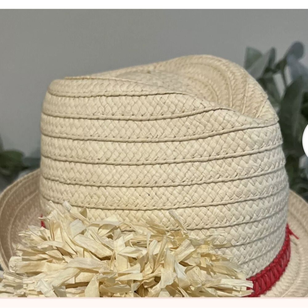 LOFT 96% paper fedora beach hat with paper flower accent, coral peach trim - Picture 4 of 6